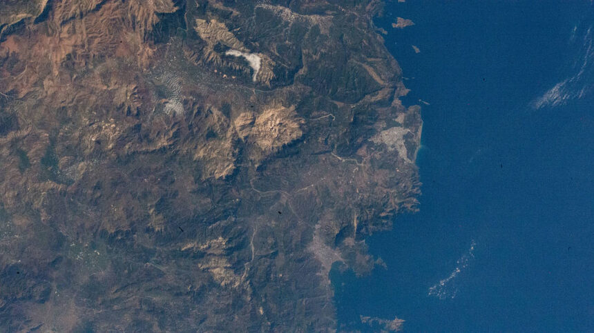 Southwestern Turkey's mountainous Mediterranean coastline photographed from the International Space Station